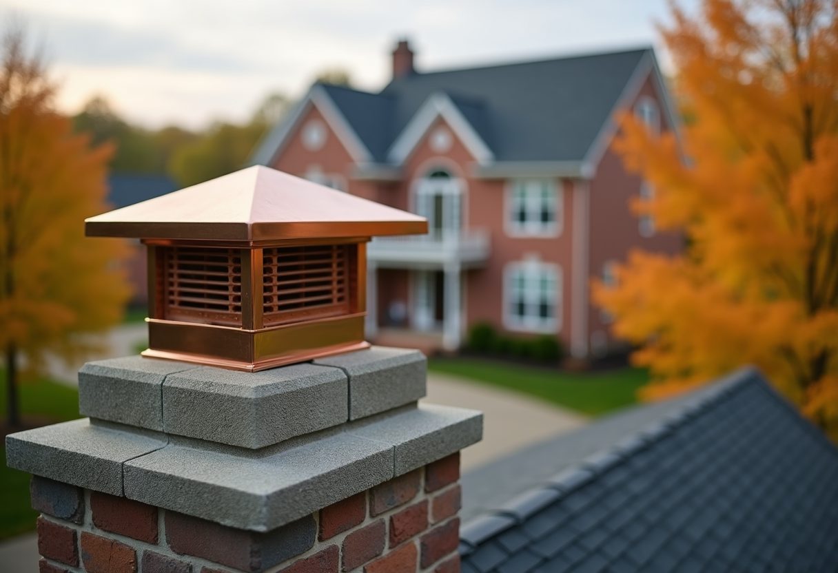 New copper chimney cap on a stone chimney